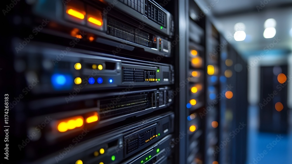 Naklejka premium Digital Data Transfer Futuristic Server Rack in Dark Abstract Background
