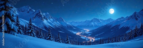 Nighttime winter landscape with snow-covered hills and mountains, wintry, night