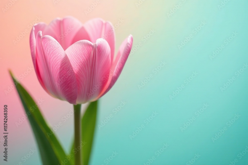 Fototapeta premium Soft petals of tulip on pastel rainbow background, pink, tulip