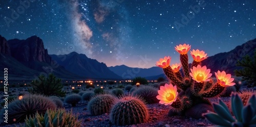 Starry night and blooming cactus flowers in a desert landscape with long exposure, nature, macro photography, starlight photo