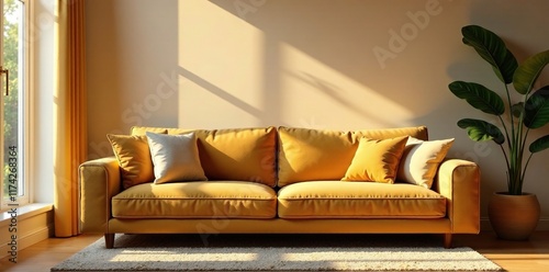 Warm sunlight casts a comforting glow on a sofa, comfortable furniture, relaxation, cozy seating