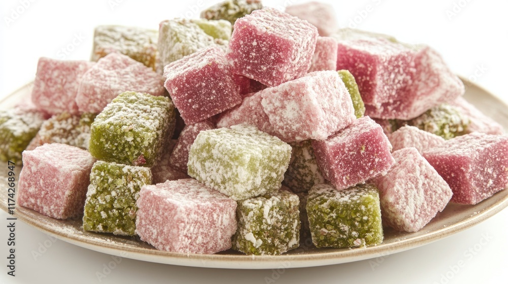 Sweet colorful Turkish delights dusted with powdered sugar. Perfect as a dessert or a sweet treat with tea or coffee. Sweet colorful Turkish delights dusted with powdered sugar. Perfect as a dessert or a sweet treat with tea or coffee.
