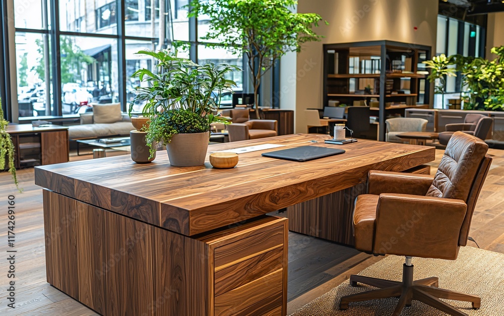 Modern office interior with large wooden desk, leather chair, plants, and natural light. Modern office interior with large wooden desk, leather chair, plants, and natural light.