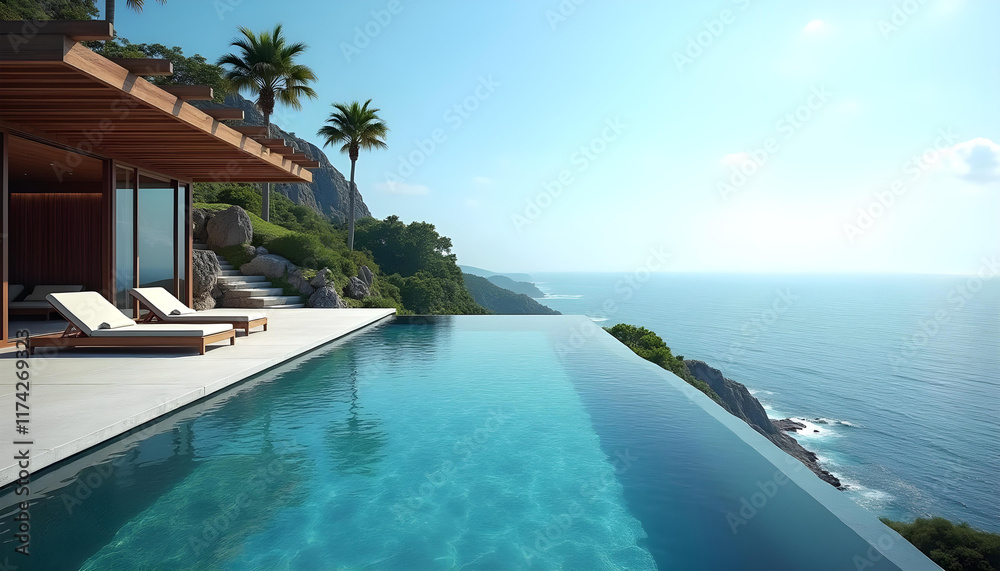 Fototapeta premium Luxurious villa infinity pool ocean travel background