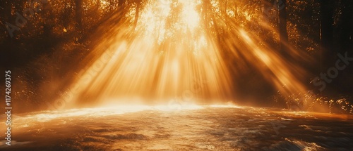 Sunbeams through jungle canopy, illuminating river. Peaceful nature scene photo