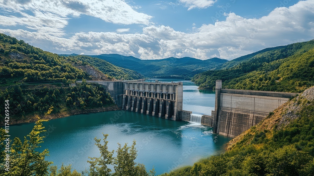 An advanced hydroelectric facility integrated with a natural landscape, blending technology and nature An advanced hydroelectric facility integrated with a natural landscape, blending technology and nature