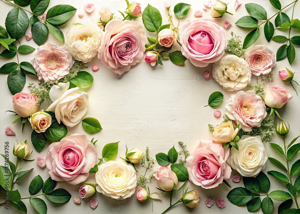 A flat lay of delicate pink and beige roses forms a charming vintage wedding frame. A flat lay of delicate pink and beige roses forms a charming vintage wedding frame.