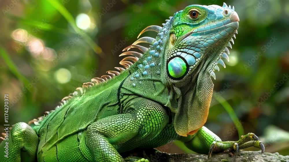 Majestic green iguana sunbathing on a mossy rock in lush tropical forest AI