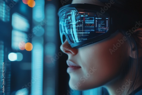 Augmented reality interface, expert female IT specialist supervising cloud computing and cybersecurity operations in a hightech server farm environment