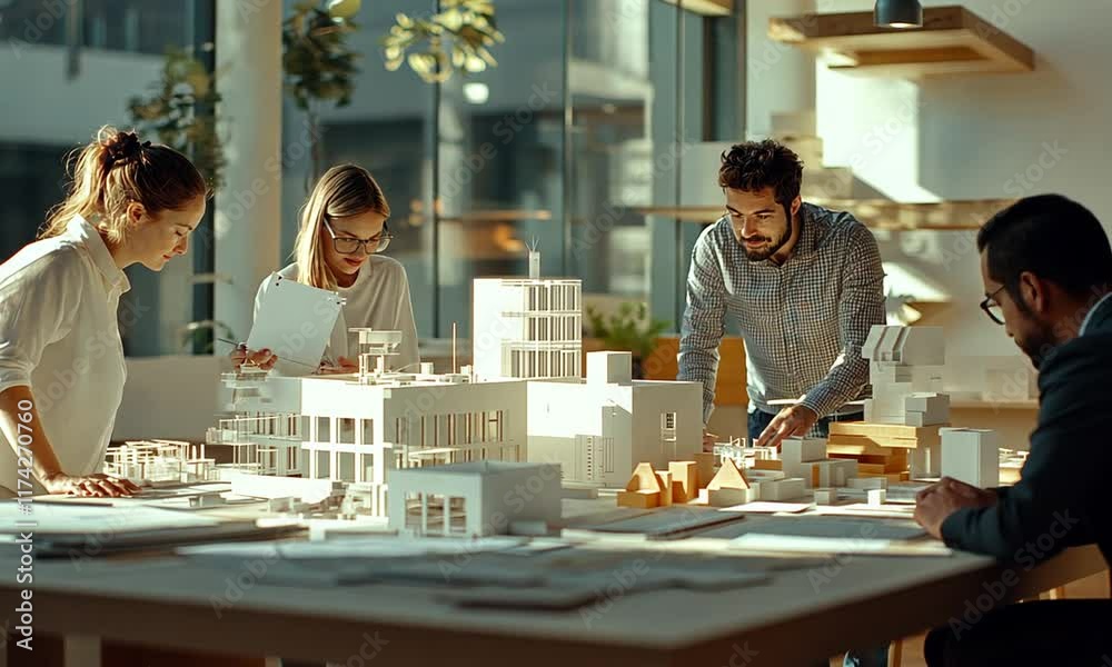 Architects review building model in office Architects review building model in office