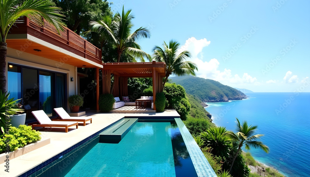 Fototapeta premium Luxurious villa infinity pool ocean travel background
