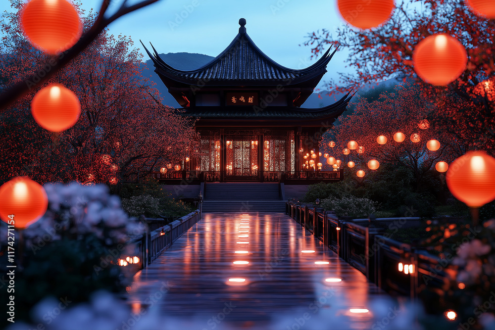 A beautifully illuminated Chinese pagoda adorned with glowing red lanterns, surrounded by blossoming trees, reflecting cultural tradition and festive serenity A beautifully illuminated Chinese pagoda adorned with glowing red lanterns, surrounded by blossoming trees, reflecting cultural tradition and festive serenity