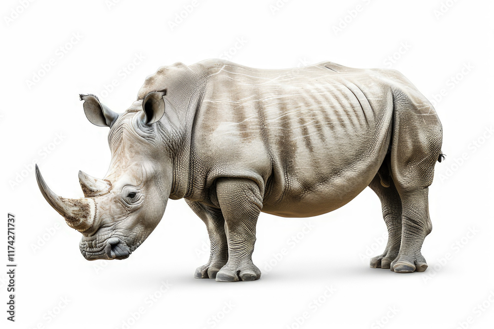 Obraz premium A realistic depiction of a rhinoceros standing on a white background.