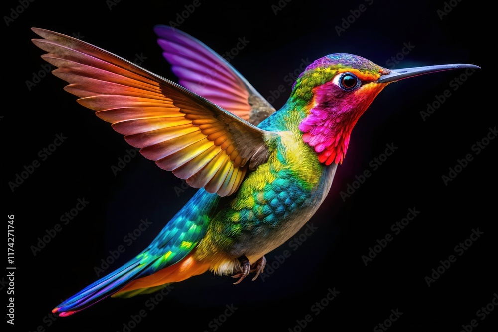 Fototapeta premium Artistic double exposure captures a colorful hummingbird, set against a black backdrop, creating a surreal wildlife image.