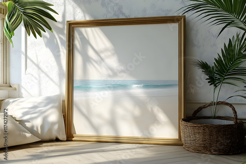 A 3D-rendered close-up mockup frame is featured in a coastal-style home interior setting in stock photo photo