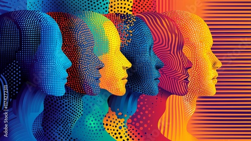 Intricate abstract art of diverse individuals with vivid patterns, forming a cohesive and visually dynamic modern art style design