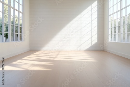 Minimalist Product Display: White Brick Wall and Wood Floor Background in Empty Room