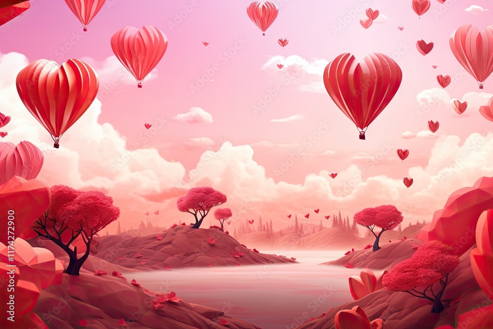 Obraz premium Rose Red Heart Balloon Sky Valentine Illustration