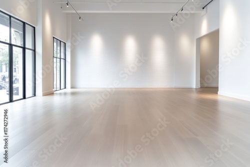 Minimalist Product Display: White Brick Wall and Wood Floor Background in Empty Room