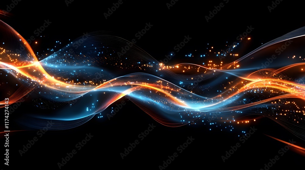 Fototapeta premium Abstract technology background features a seamless display of glowing digital paths and nodes, forming a visually captivating and dynamic 3D interface design