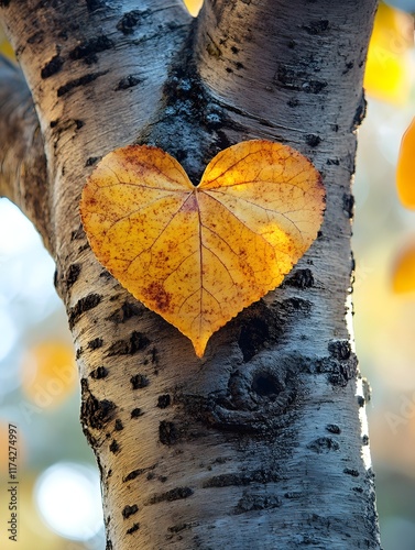Wooden Tree Trunk with Heart Shaped Autumn Leaf Romantic Seasonal Nature Backdrop photo