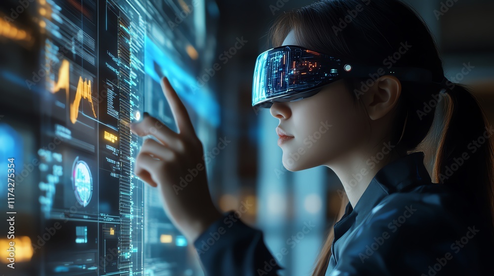 Expert female IT specialist interacting with augmented reality interface on tablet, hightech server farm, overseeing cloud computing operations for cybersecurity firm Expert female IT specialist interacting with augmented reality interface on tablet, hightech server farm, overseeing cloud computing operations for cybersecurity firm