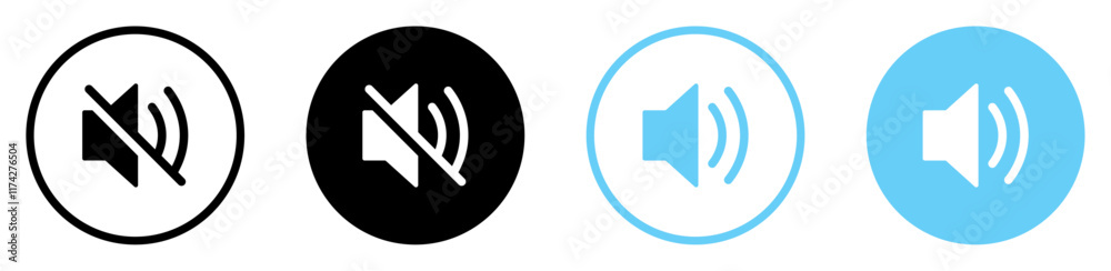 Speaker on and off icon button black and blue color. Speaker volume and mute vector icons set. Volume buttons isolated. Flat design. Vector illustration. Speaker on and off icon button black and blue color. Speaker volume and mute vector icons set. Volume buttons isolated. Flat design. Vector illustration.