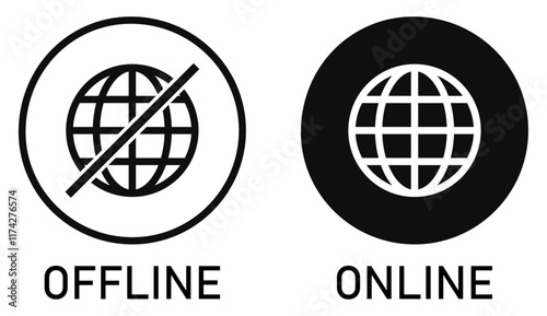 Set of online and offline internet icon. Globe icon with no signal and good signal sign symbol. Internet connection. Flat design. Vector illustration.