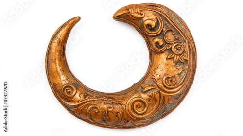 A crescent-shaped bronze ornament with intricate floral designs. Ideal for jewelry, wall decor, or incorporated into larger art pieces. photo