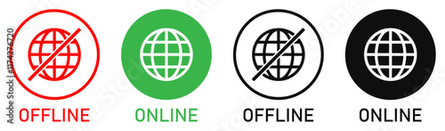 Set of online and offline internet icons red, green and black color. Globe icon with no signal and good signal sign symbol. Internet connection. Flat design. Vector illustration.