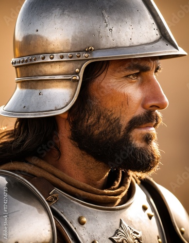 A man in medieval armor, with a beard and long hair, gazes intently to the side, wearing a helmet with a visor and a breastplate with a crest. photo