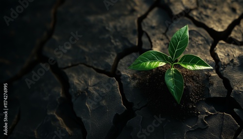 green seedling growing sprout on crack soil for coservation