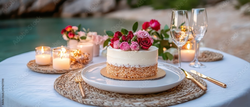 Lovethemed table with a cake, candles, and floral decorations, ethereal, fusion, outdoor setting Lovethemed table with a cake, candles, and floral decorations, ethereal, fusion, outdoor setting