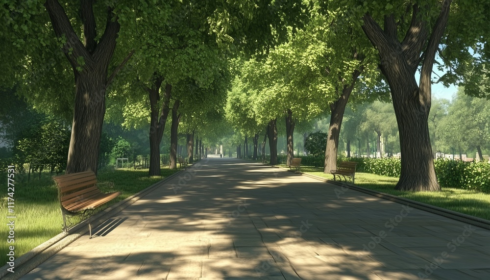 Fototapeta premium Green tree lined arranged pathway road in park for relaxation
