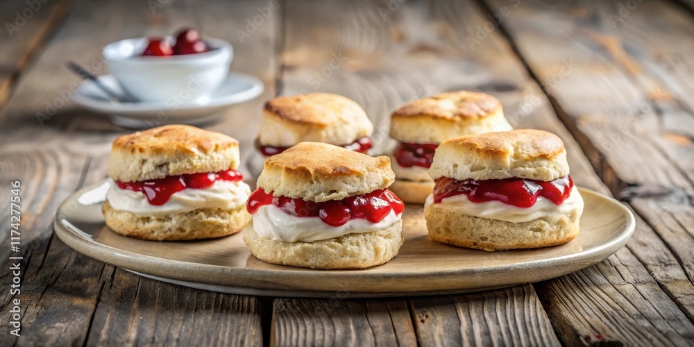 Delicious Homemade Scones Topped with Creamy Filling and Sweet Berry Preserves on Rustic Wooden Table Delicious Homemade Scones Topped with Creamy Filling and Sweet Berry Preserves on Rustic Wooden Table