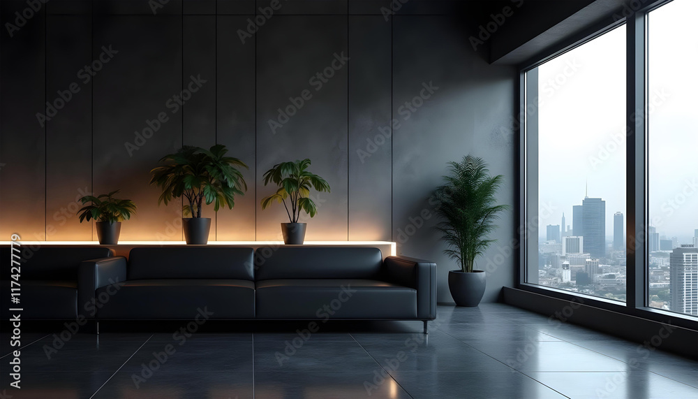 Fototapeta premium windows with a city view and modern black seating arrangements interior background