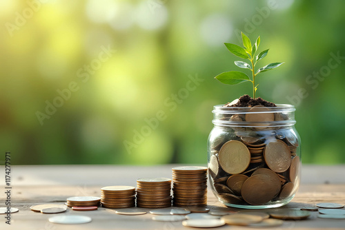 Coins stacking on a lot of coins and tree growing up, some money in a jar, how to keep money, step to have a lot of money for child photo