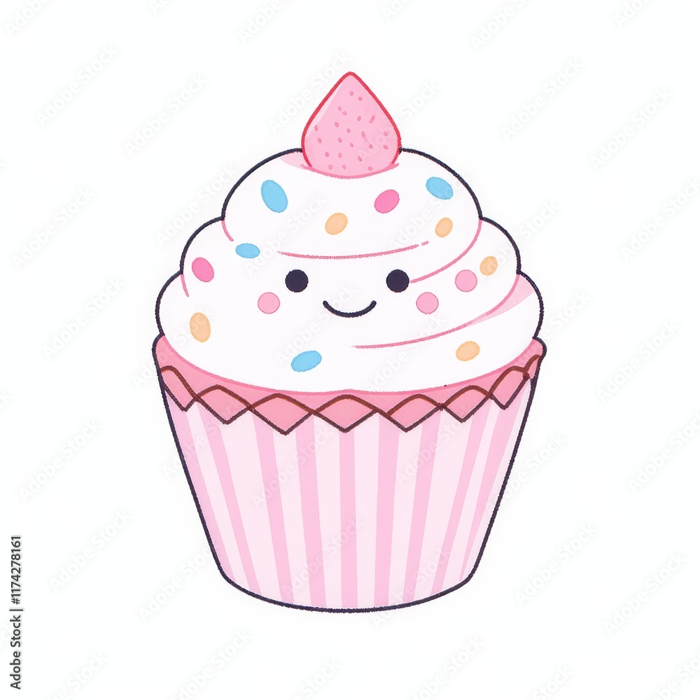 A cute, smiling cupcake topped with colorful sprinkles and a small strawberry, featuring pink striped wrapping. A cute, smiling cupcake topped with colorful sprinkles and a small strawberry, featuring pink striped wrapping.