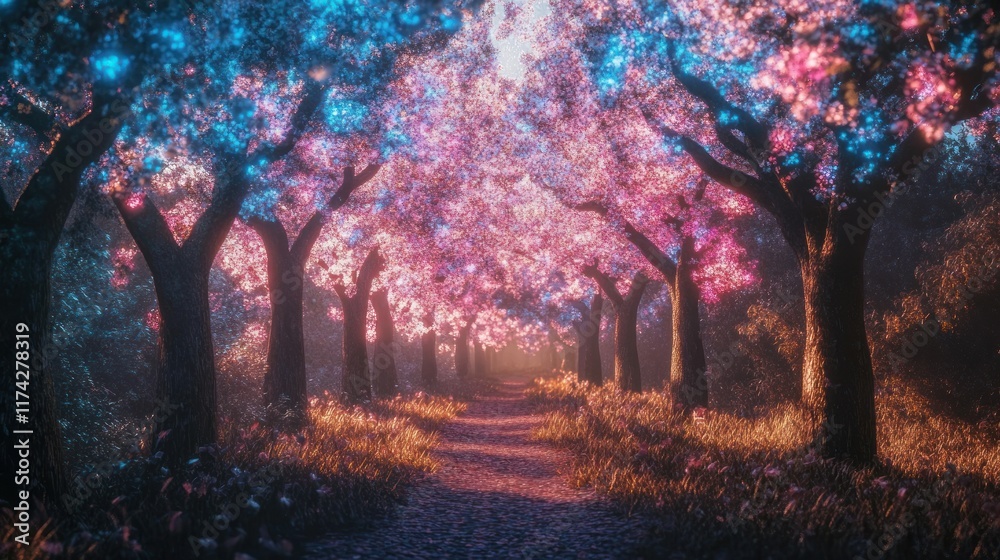 Magical path through glowing pink and blue trees.