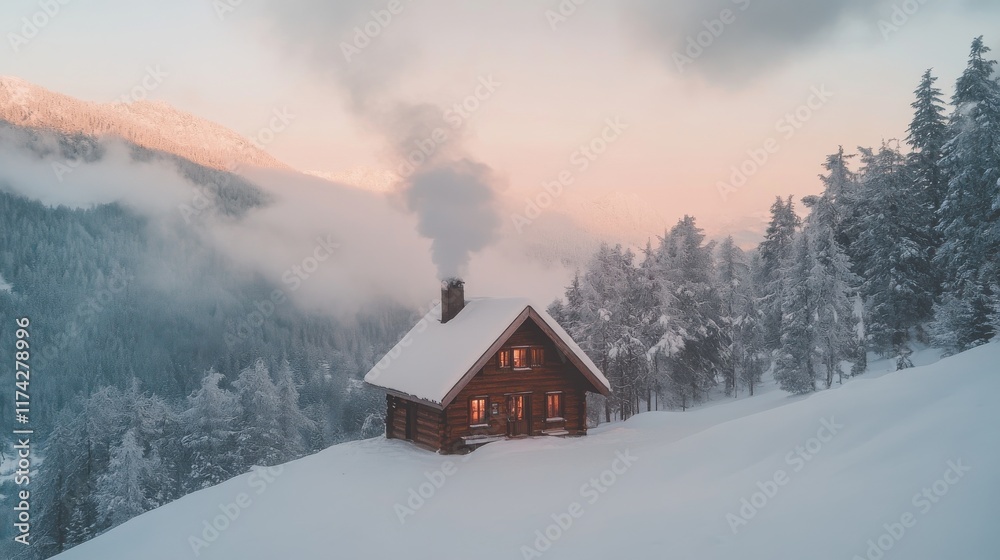 A cozy cabin surrounded by deep snow, with smoke rising from the chimney, nestled in a quiet mountain valley during a peaceful winter evening. A cozy cabin surrounded by deep snow, with smoke rising from the chimney, nestled in a quiet mountain valley during a peaceful winter evening.