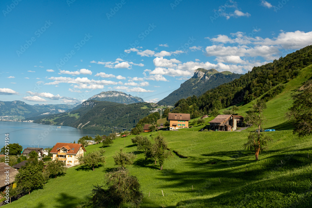 Fototapeta premium Alpine village in mountains. Switzerland lake rural landscape. Switzerland Alps and Lake. Switzerland traveling, hiking, vacation. Mountains in the Swiss Alps. Landscape with green fields.