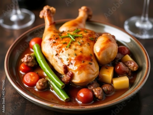 Coq au Vin (Prancis): Ayam yang dimasak dengan anggur merah. photo