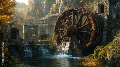 An ancient water wheel retrofitted with modern technology, generating electricity for a nearby village