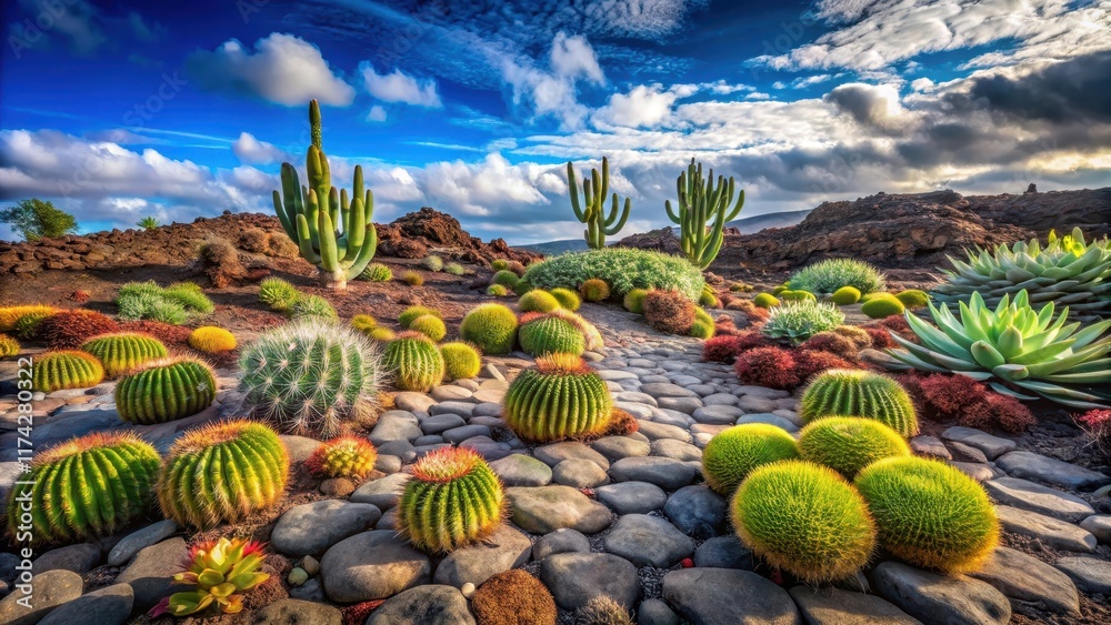 Fototapeta premium A Serene Garden Oasis Featuring Diverse Succulents and Cacti Arranged on a Cobblestone Path Under a Vivid Sky