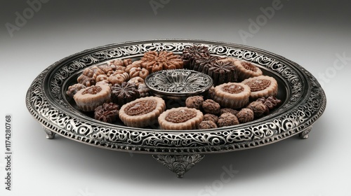 An ornate silver tray displays an assortment of traditional Middle Eastern and North African cookies. Ideal for festive celebrations and special occasions. photo