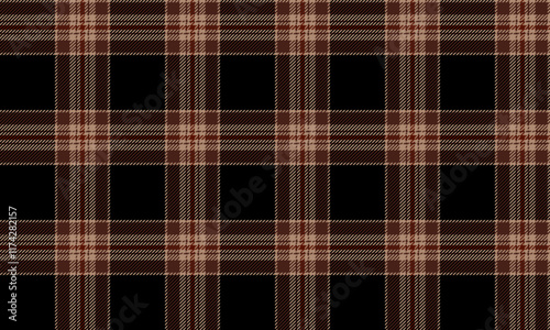 Plaid fabric pattern, black, brown, cream, fascinating lattice cross lines, seamless for textiles, and for designing clothes, skirts, pants or decorative fabrics. Vector illustration.