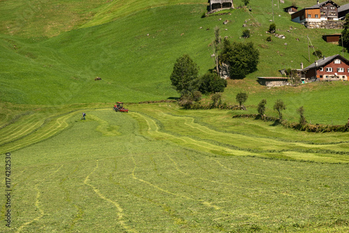 Switzerland rural landscape. Switzerland Alps. Alpine pasture in mountains. Mountains in the Swiss Alps. Panoramic view. Landscape with green fields in Switzerland.