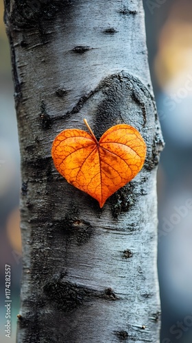 Autumn Leaf Heart on Tree Bark with Warm Tones for Valentine s Day Concept photo