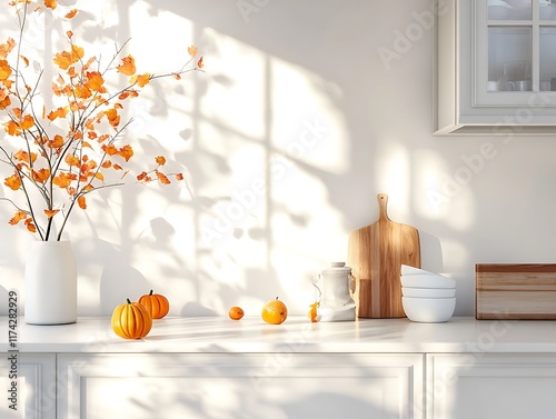 Bright and Cozy Modern Kitchen Decorated for Autumn with Mini Pumpkins, Fall Foliage, and Soft Natural Light Streaming Through the Windows