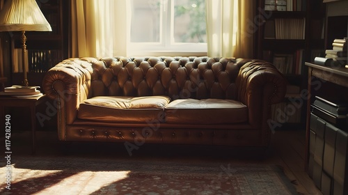 An antique interior featuring a classic leather sofa creates a nostalgic ambiance, evoking a sense of timeless elegance and comfort in a vintage setting, captured in HD and realistic detail photo